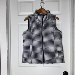 Lands End Puffer Vest Houndstooth Black White Zip Up Quilted Womens Size M